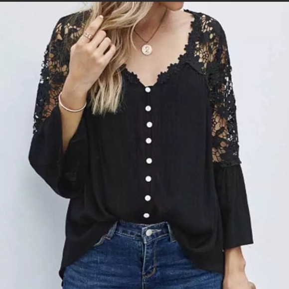 SOLD OUT Black Boho Crochet Lace Button Up Blouse Top - Picture 5 of 5